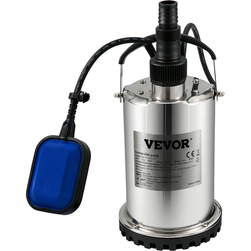 VEVOR iegremdējamais ūdens sūknis 550 W, plūsma līdz 9 500 l/h, ar 10 m kabeli un automātisku pludiņslēdzi, pārnēsājams nerūsējošā tērauda korpuss, piemērots tīram ūdenim, applūdušu vietu nosusināšanai, baseiniem, karstajām vannām un apūdeņošanai
