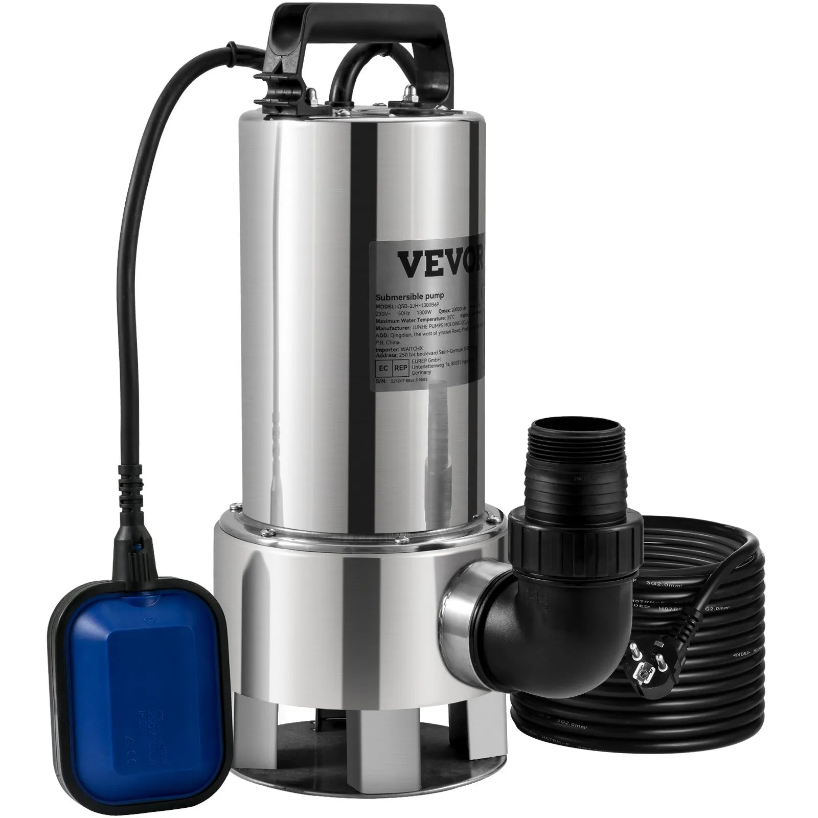 VEVOR iegremdējamais ūdens sūknis 1300 W, plūsma līdz 20 000 l/h, ar 10 m kabeli un automātisku pludiņslēdzi, nerūsējošā tērauda un čuguna konstrukcija, piemērots tīram un netīram ūdenim, dīķiem, baseiniem un karstajām vannām