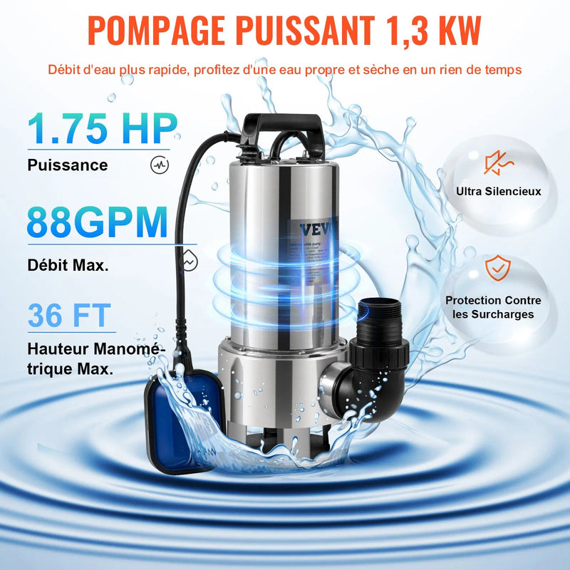 VEVOR iegremdējamais ūdens sūknis 1300 W, plūsma līdz 20 000 l/h, ar 10 m kabeli un automātisku pludiņslēdzi, nerūsējošā tērauda un čuguna konstrukcija, piemērots tīram un netīram ūdenim, dīķiem, baseiniem un karstajām vannām