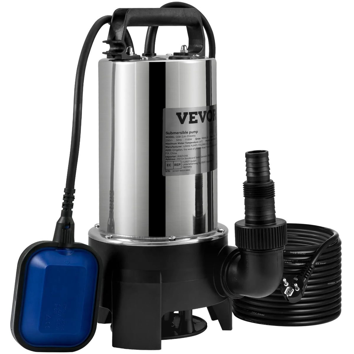 VEVOR iegremdējamais ūdens sūknis 1100 W, plūsma līdz 20 000 l/h, ar 10 m kabeli un automātisku pludiņslēdzi, nerūsējošā tērauda korpuss, piemērots tīram un netīram ūdenim, applūdušu vietu, dārza dīķu, baseinu un karsto vannu nosusināšanai
