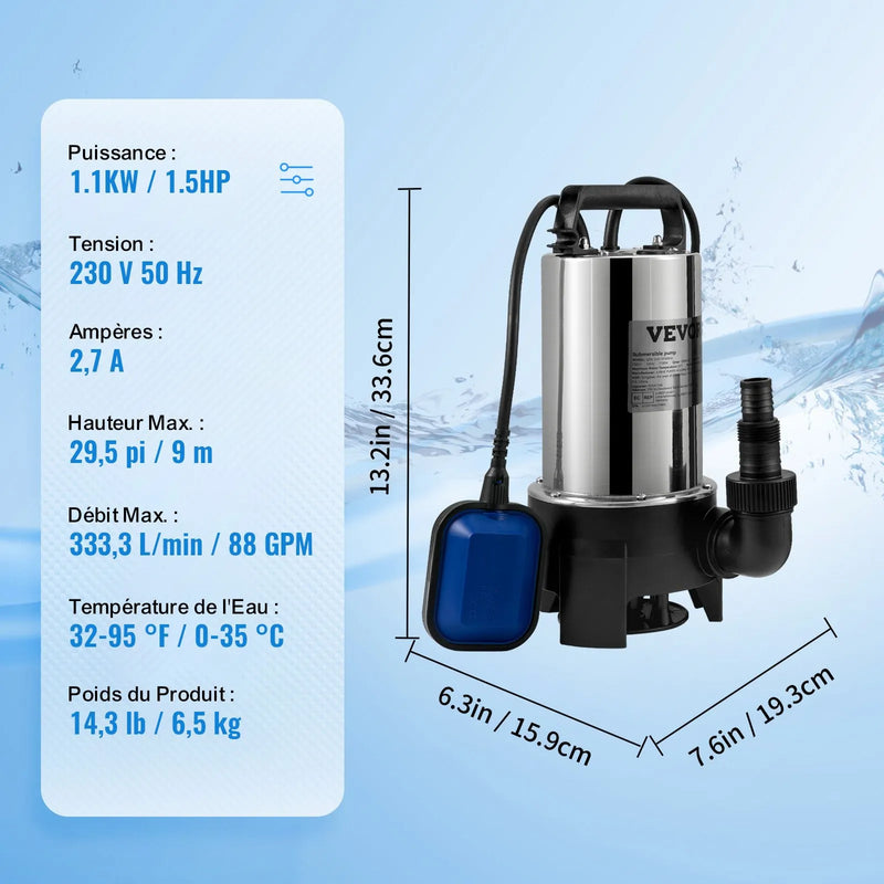 VEVOR iegremdējamais ūdens sūknis 1100 W, plūsma līdz 20 000 l/h, ar 10 m kabeli un automātisku pludiņslēdzi, nerūsējošā tērauda korpuss, piemērots tīram un netīram ūdenim, applūdušu vietu, dārza dīķu, baseinu un karsto vannu nosusināšanai
