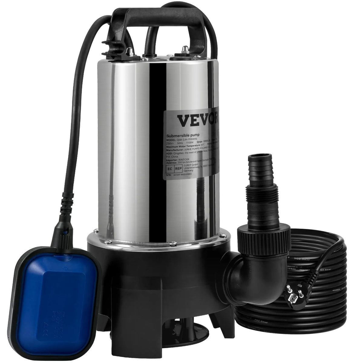 VEVOR iegremdējamais ūdens sūknis 1100 W, plūsma līdz 20 000 l/h, ar 10 m kabeli un automātisku pludiņslēdzi, nerūsējošā tērauda korpuss, piemērots tīram un netīram ūdenim, applūdušu vietu, dārza dīķu, baseinu un karsto vannu nosusināšanai