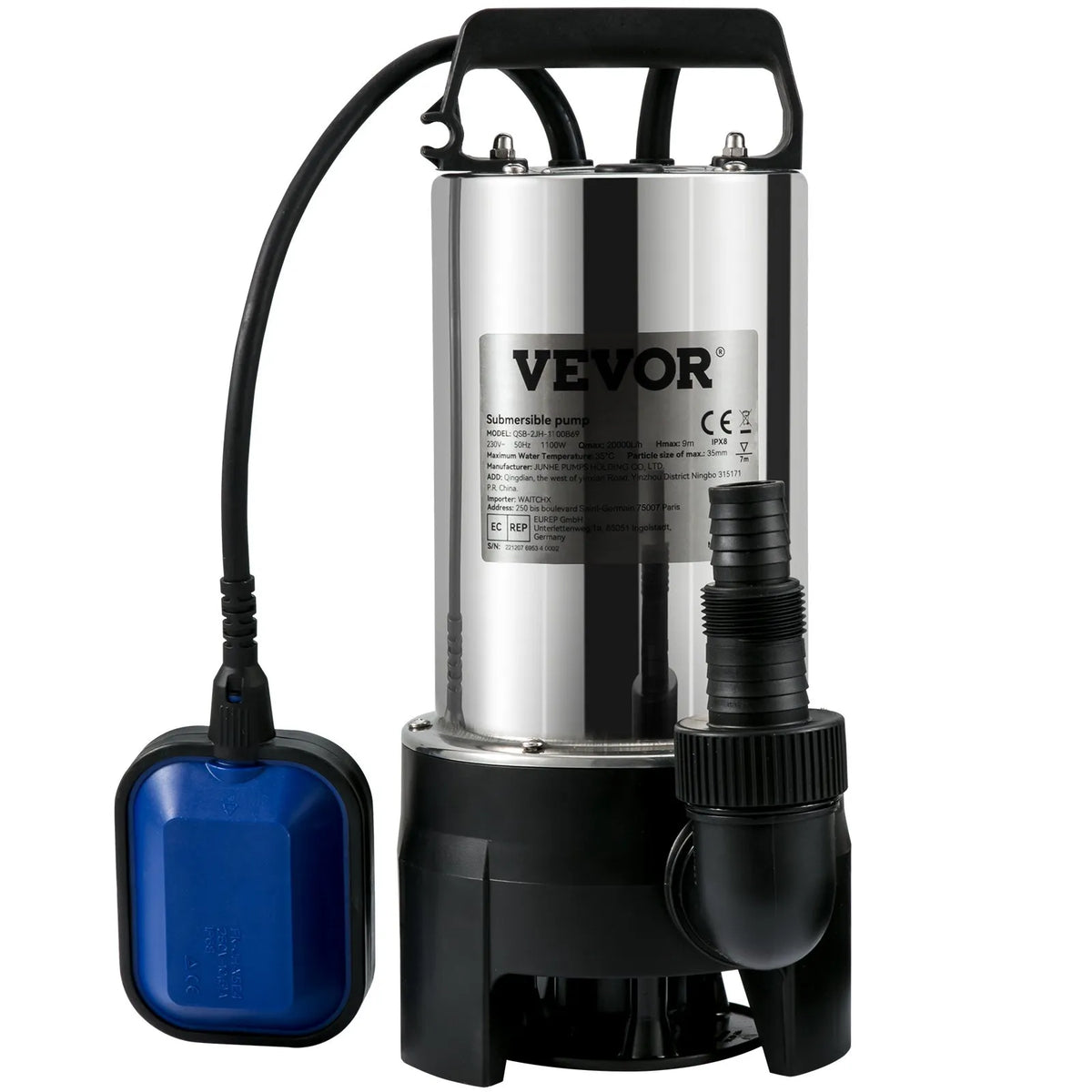 VEVOR iegremdējamais ūdens sūknis 1100 W, plūsma līdz 20 000 l/h, ar 10 m kabeli un automātisku pludiņslēdzi, nerūsējošā tērauda korpuss, piemērots tīram un netīram ūdenim, applūdušu vietu, dārza dīķu, baseinu un karsto vannu nosusināšanai