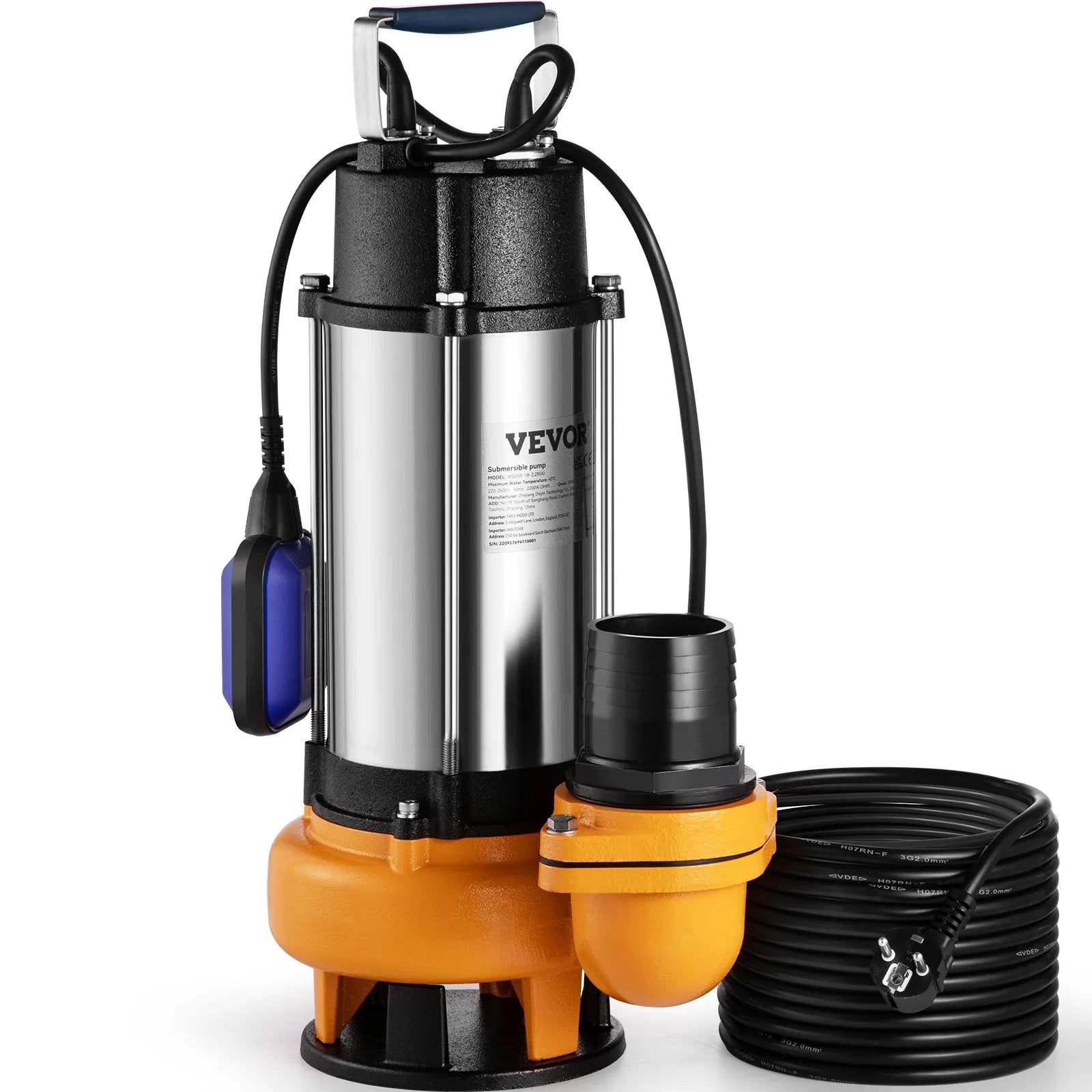 VEVOR iegremdējamais ūdens sūknis 2200 W, plūsma līdz 60 000 l/h, ar 8 m kabeli un automātisku pludiņslēdzi, nerūsējošā tērauda korpuss, piemērots tīram un netīram ūdenim, applūdušu vietu, dārza dīķu, baseinu un karsto vannu nosusināšanai