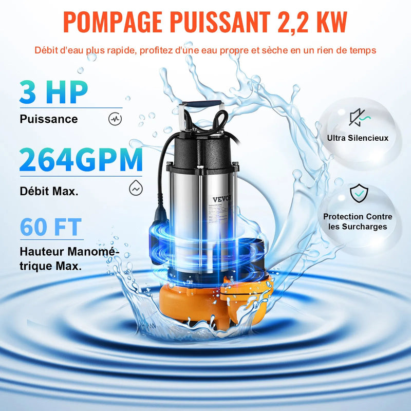 VEVOR iegremdējamais ūdens sūknis 2200 W, plūsma līdz 60 000 l/h, ar 8 m kabeli un automātisku pludiņslēdzi, nerūsējošā tērauda korpuss, piemērots tīram un netīram ūdenim, applūdušu vietu, dārza dīķu, baseinu un karsto vannu nosusināšanai