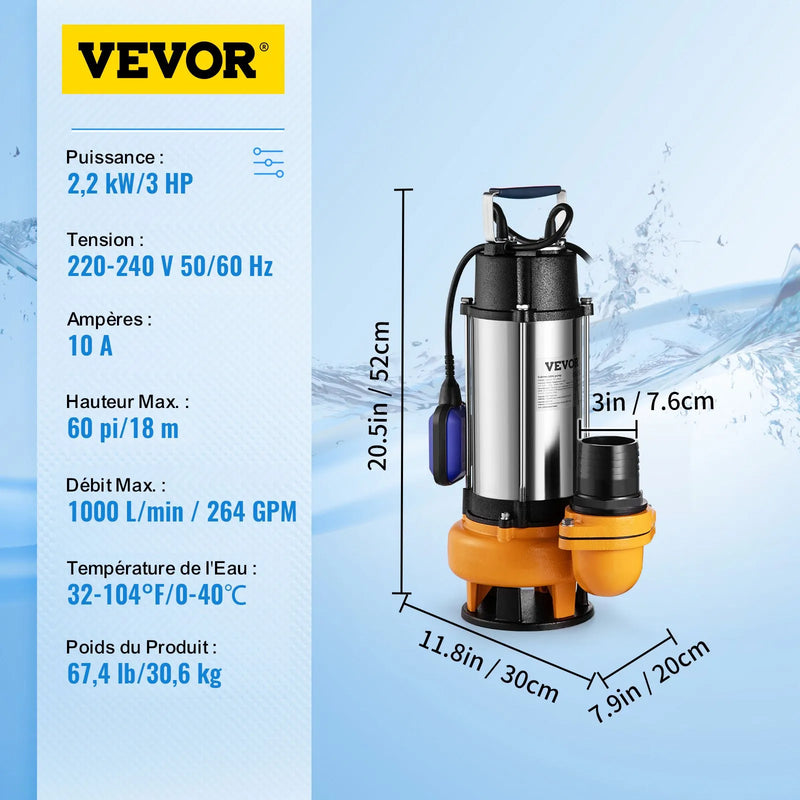 VEVOR iegremdējamais ūdens sūknis 2200 W, plūsma līdz 60 000 l/h, ar 8 m kabeli un automātisku pludiņslēdzi, nerūsējošā tērauda korpuss, piemērots tīram un netīram ūdenim, applūdušu vietu, dārza dīķu, baseinu un karsto vannu nosusināšanai