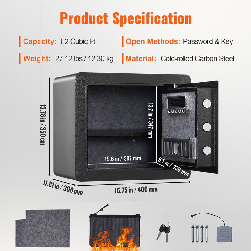 VEVOR seifs, 33,9 l mājas seifs, tērauda drošības seifs ar digitālo tastatūru un 2 atslēgām, skapīša tipa seifs ar ugunsdrošo somu skaidrai naudai, zeltam, rotaslietām un dokumentiem mājai vai viesnīcai, 40,1 × 30,0 × 35,1 cm