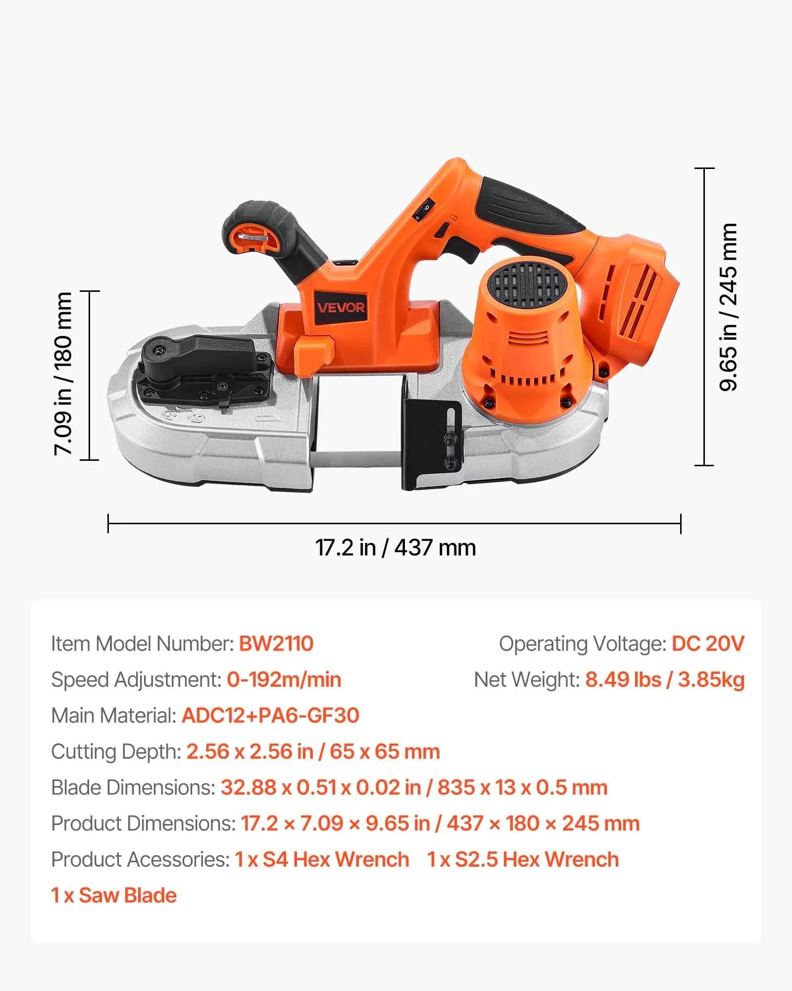 VEVOR portatīvais lentzāģis, griešanas dziļums 65 × 65 mm, 360 W bezsuku motors, kompakts bezvadu portatīvais lentzāģis ar integrētiem piekāršanas āķiem un regulējamu ātrumu 0–192 m/min, paredzēts metāla un koka griešanai, bez akumulatora un lādētāja