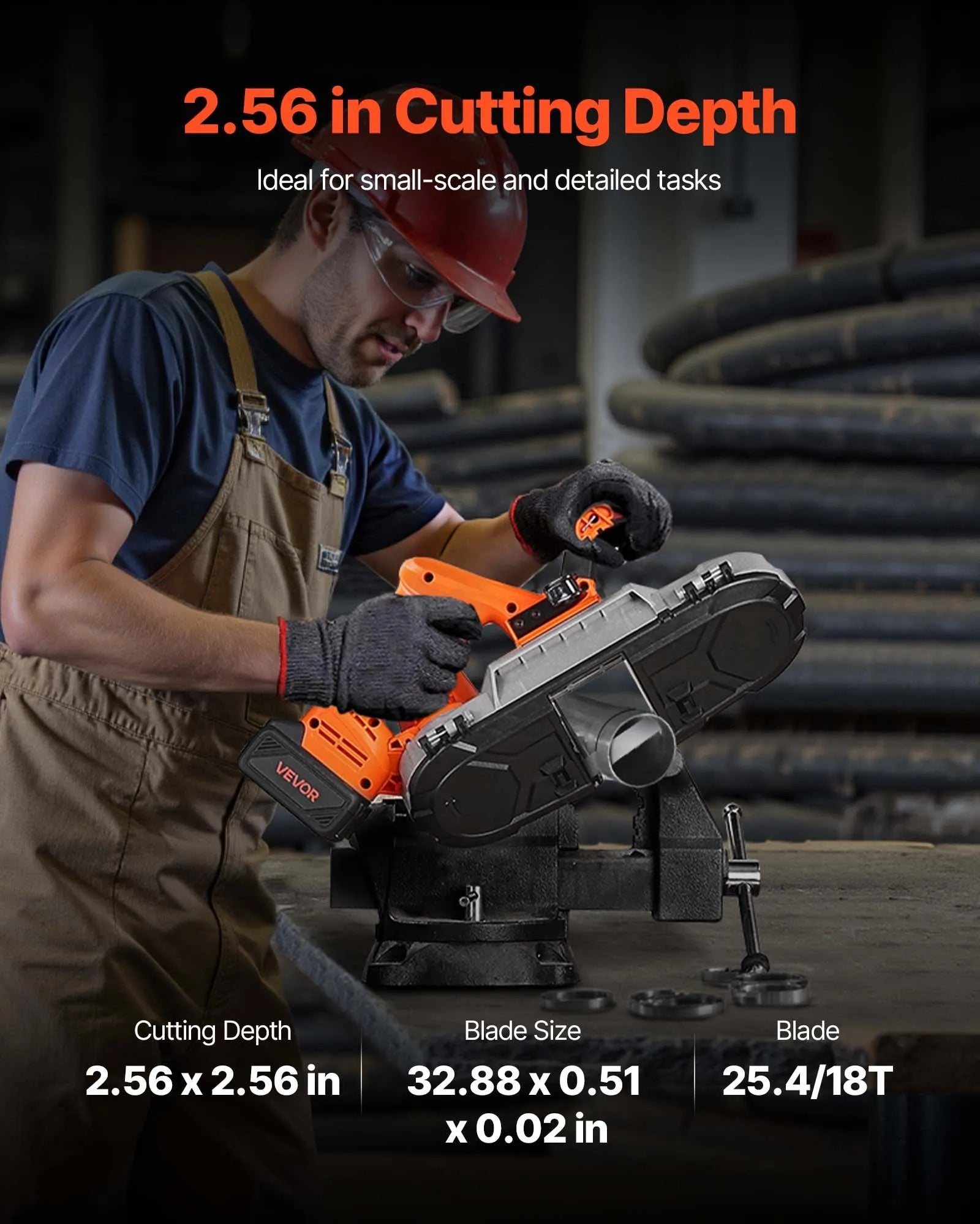 VEVOR 20 V portatīvā lentzāģa komplekts, griešanas dziļums 65 × 65 mm, 360 W bezsuku motors, 4,0 Ah akumulators, kompakts bezvadu portatīvais lentzāģis ar regulējamu ātrumu 0–192 m/min, paredzēts metāla un koka griešanai