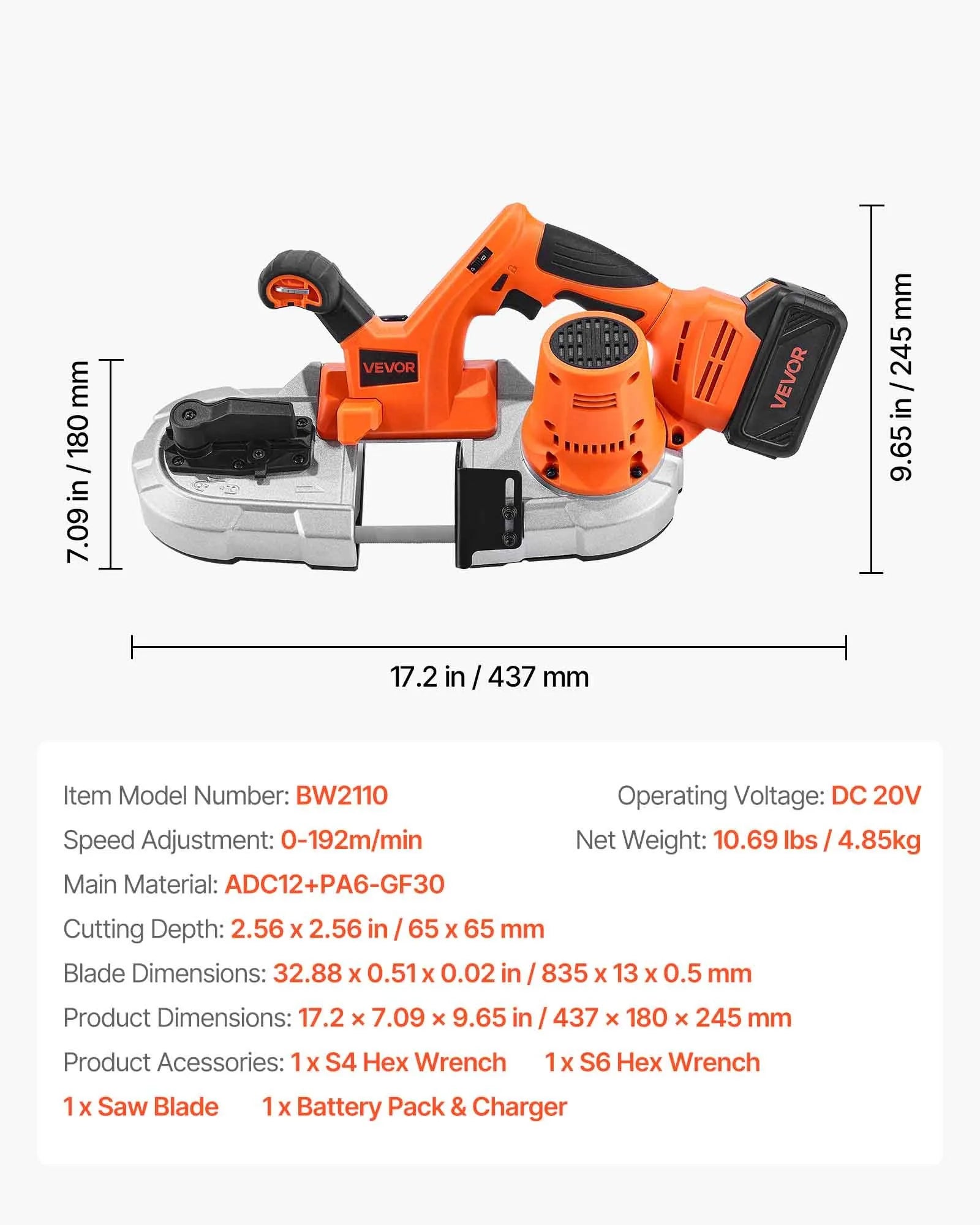 VEVOR 20 V portatīvā lentzāģa komplekts, griešanas dziļums 65 × 65 mm, 360 W bezsuku motors, 4,0 Ah akumulators, kompakts bezvadu portatīvais lentzāģis ar regulējamu ātrumu 0–192 m/min, paredzēts metāla un koka griešanai