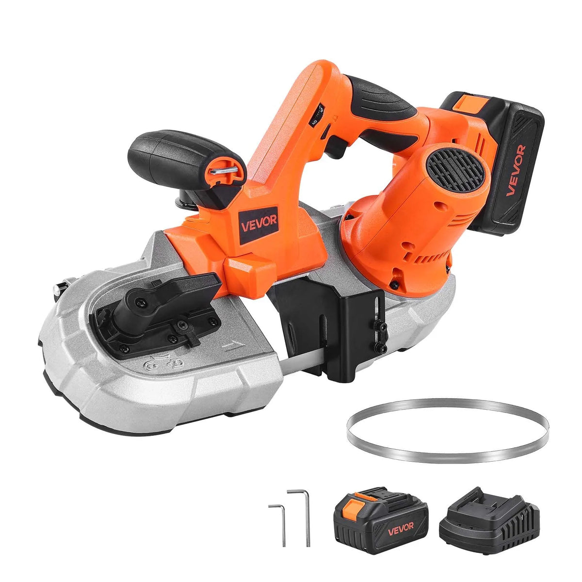 VEVOR 20 V portatīvā lentzāģa komplekts, griešanas dziļums 65 × 65 mm, 360 W bezsuku motors, 4,0 Ah akumulators, kompakts bezvadu portatīvais lentzāģis ar regulējamu ātrumu 0–192 m/min, paredzēts metāla un koka griešanai