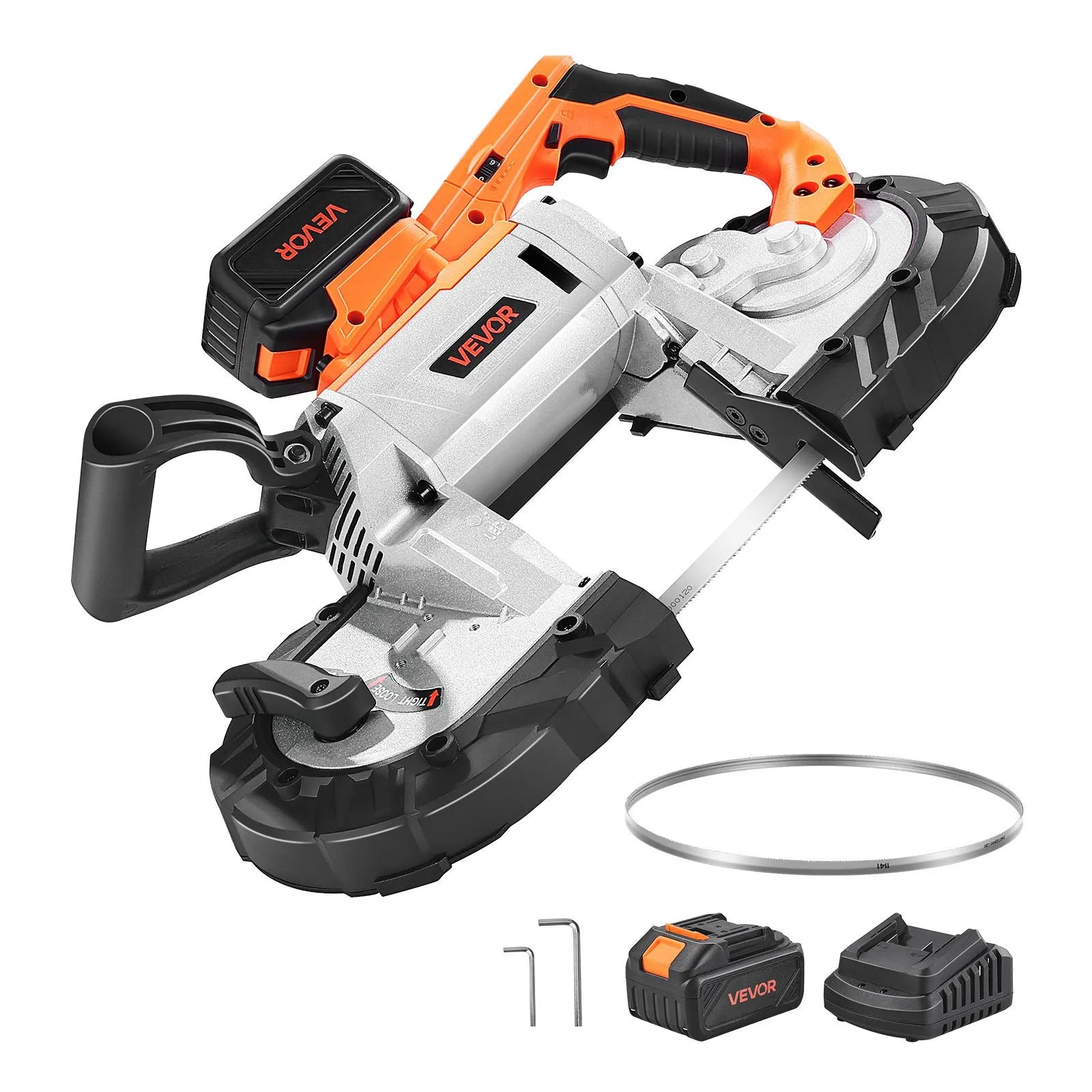 VEVOR 20 V portatīvā lentzāģa komplekts, griešanas dziļums 127 × 115 mm, 360 W bezsuku motors, 4,0 Ah akumulators, kompakts bezvadu portatīvais lentzāģis ar regulējamu ātrumu 0–120 m/min, paredzēts metāla un koka griešanai