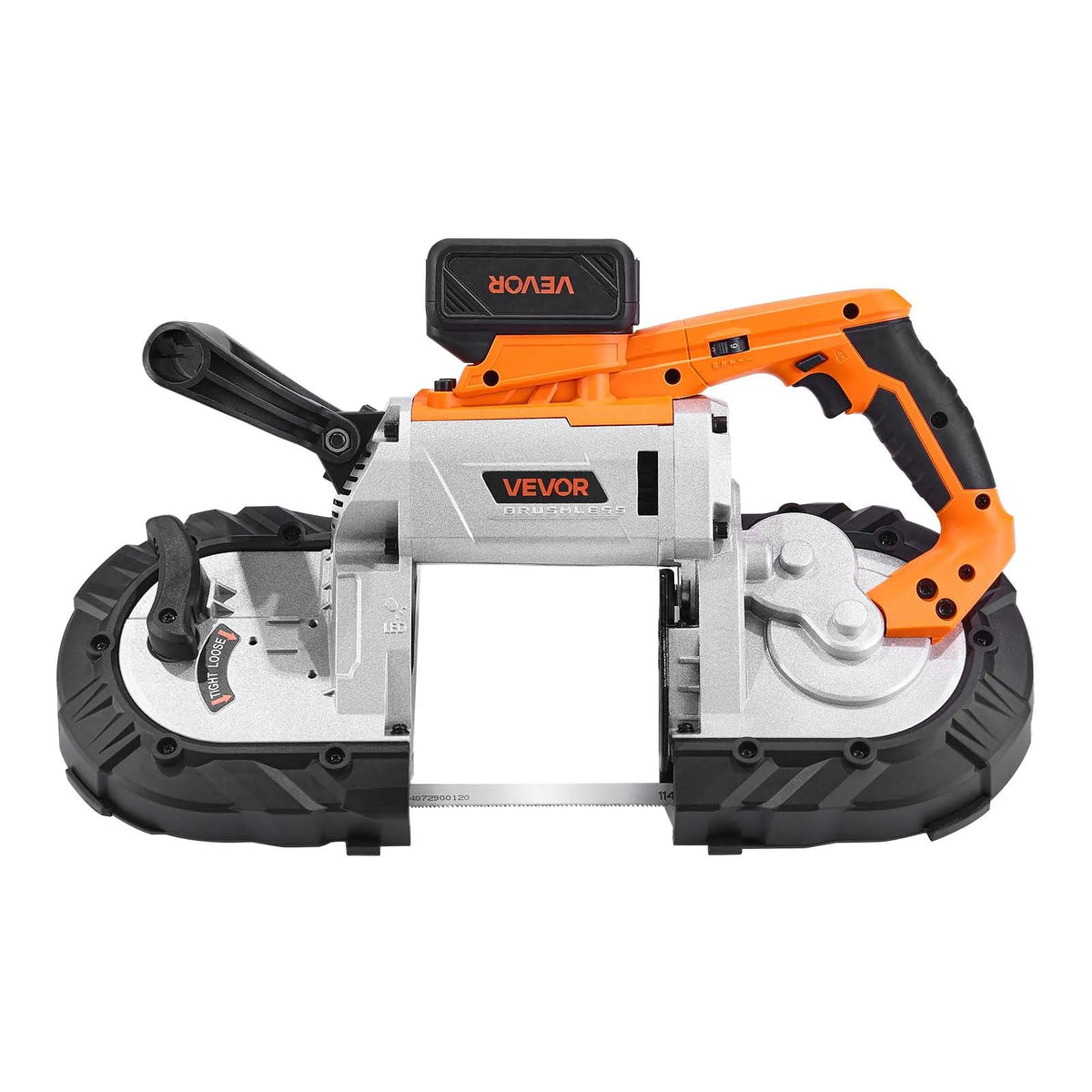 VEVOR 20 V portatīvā lentzāģa komplekts, griešanas dziļums 127 × 115 mm, 360 W bezsuku motors, 4,0 Ah akumulators, kompakts bezvadu portatīvais lentzāģis ar regulējamu ātrumu 0–120 m/min, paredzēts metāla un koka griešanai