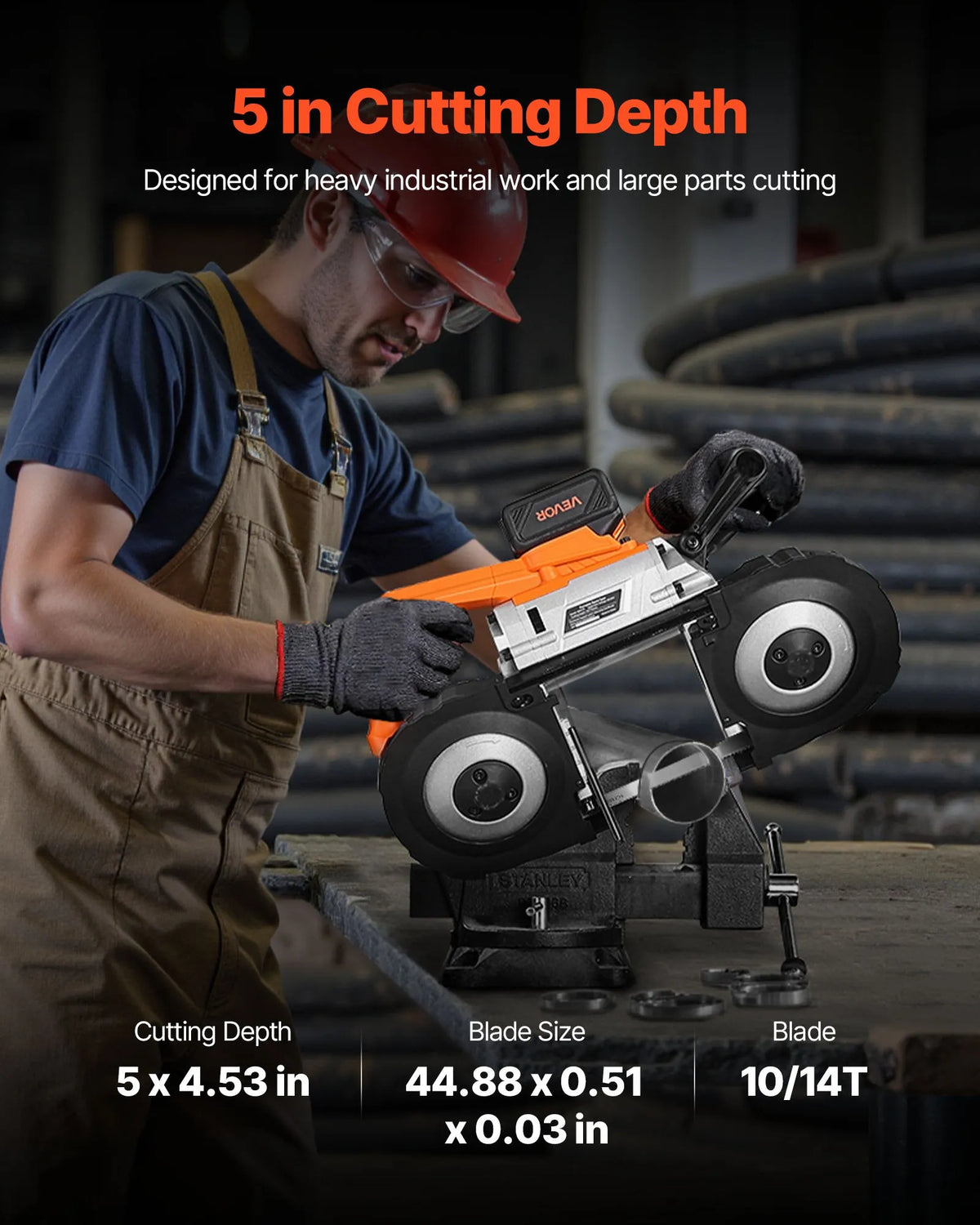 VEVOR 20 V portatīvā lentzāģa komplekts, griešanas dziļums 127 × 115 mm, 360 W bezsuku motors, 4,0 Ah akumulators, kompakts bezvadu portatīvais lentzāģis ar regulējamu ātrumu 0–120 m/min, paredzēts metāla un koka griešanai