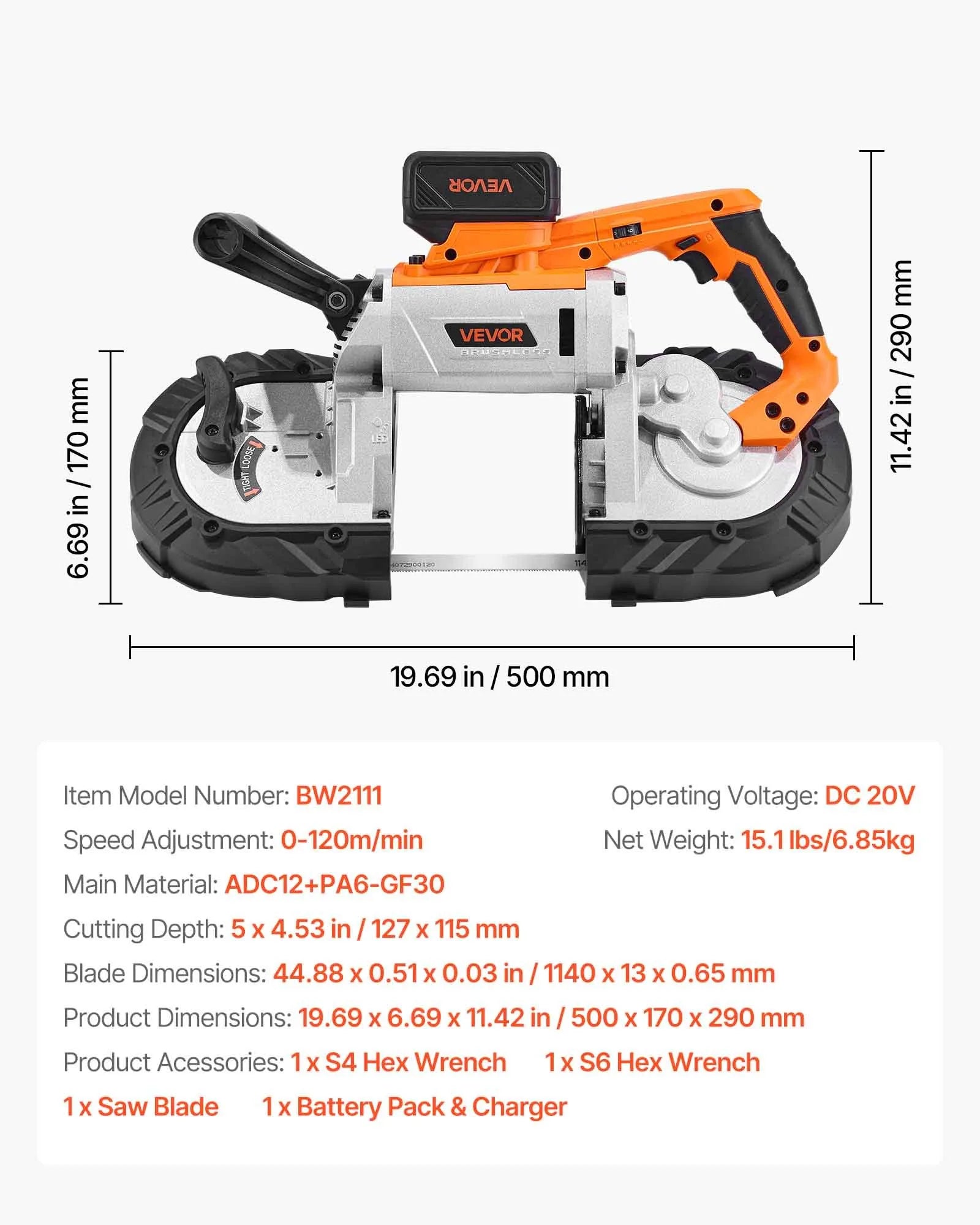 VEVOR 20 V portatīvā lentzāģa komplekts, griešanas dziļums 127 × 115 mm, 360 W bezsuku motors, 4,0 Ah akumulators, kompakts bezvadu portatīvais lentzāģis ar regulējamu ātrumu 0–120 m/min, paredzēts metāla un koka griešanai