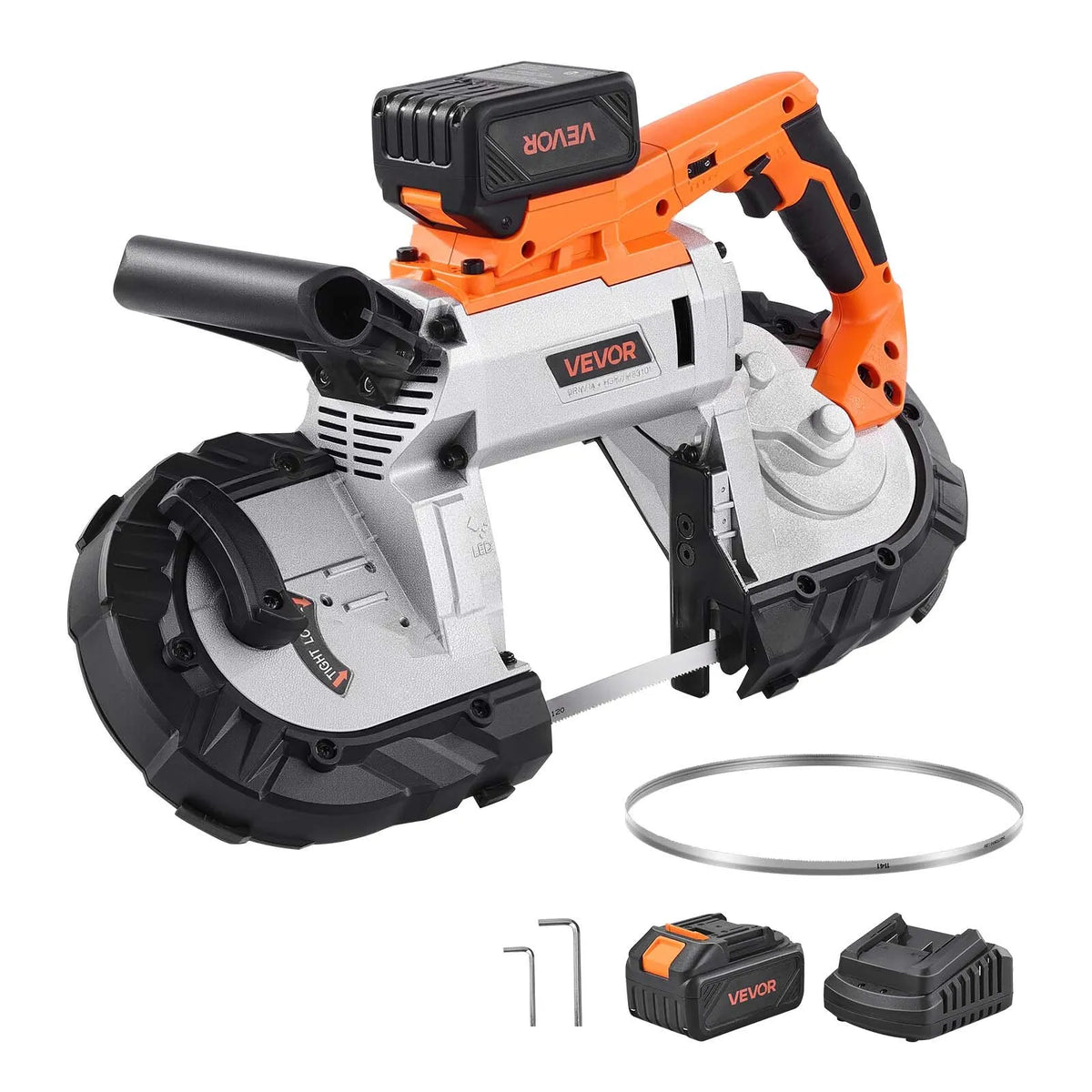 VEVOR 20 V portatīvā lentzāģa komplekts, griešanas dziļums 127 × 115 mm, 360 W bezsuku motors, 4,0 Ah akumulators, kompakts bezvadu portatīvais lentzāģis ar regulējamu ātrumu 0–120 m/min, paredzēts metāla un koka griešanai