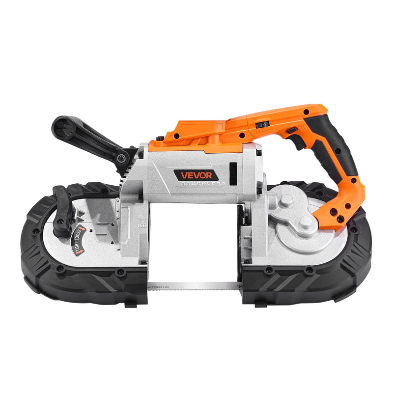 VEVOR portatīvais lentzāģis, griešanas dziļums 127 × 115 mm, 360 W bezsuku motors, kompakts bezvadu portatīvais lentzāģis ar piekāršanas āķiem un regulējamu ātrumu 0–120 m/min, paredzēts metāla un koka griešanai, bez akumulatora un lādētāja