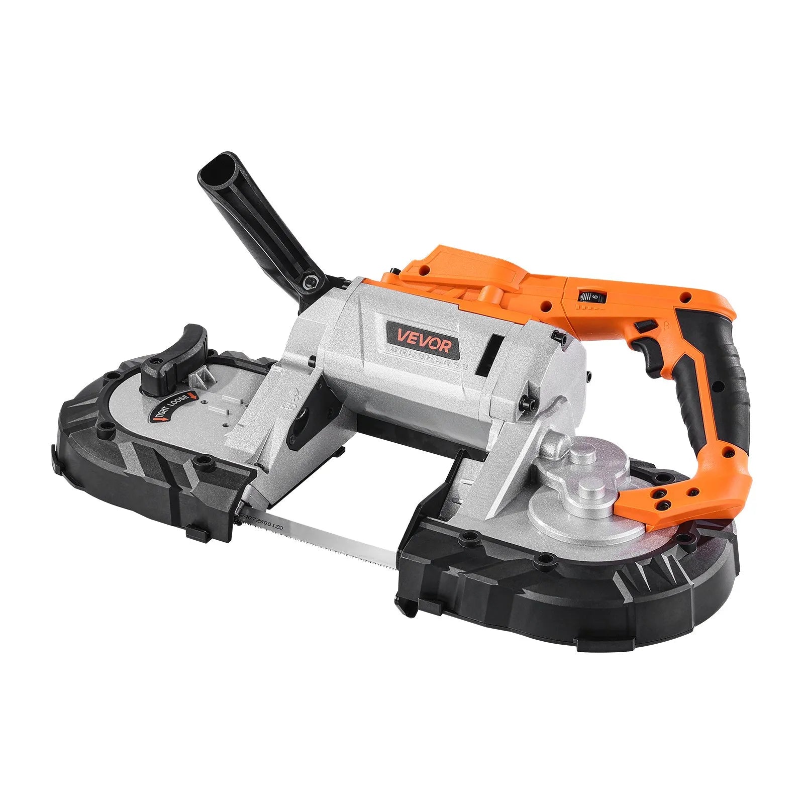 VEVOR portatīvais lentzāģis, griešanas dziļums 127 × 115 mm, 360 W bezsuku motors, kompakts bezvadu portatīvais lentzāģis ar piekāršanas āķiem un regulējamu ātrumu 0–120 m/min, paredzēts metāla un koka griešanai, bez akumulatora un lādētāja