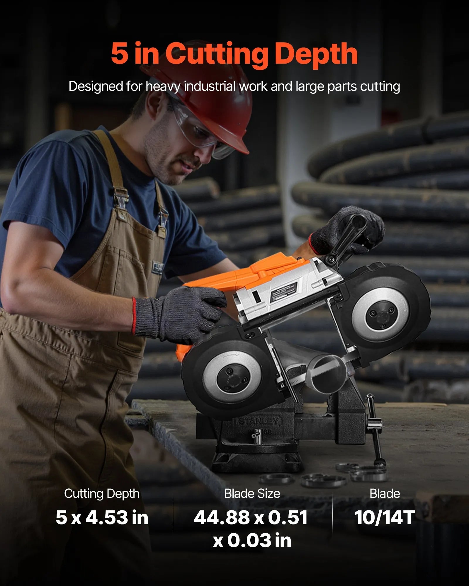VEVOR portatīvais lentzāģis, griešanas dziļums 127 × 115 mm, 360 W bezsuku motors, kompakts bezvadu portatīvais lentzāģis ar piekāršanas āķiem un regulējamu ātrumu 0–120 m/min, paredzēts metāla un koka griešanai, bez akumulatora un lādētāja