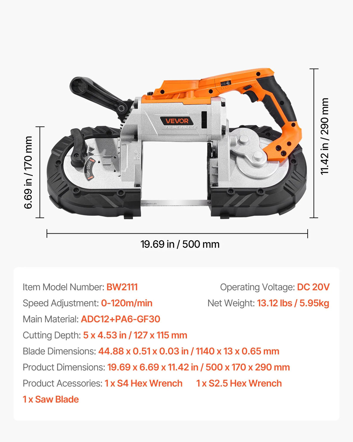 VEVOR portatīvais lentzāģis, griešanas dziļums 127 × 115 mm, 360 W bezsuku motors, kompakts bezvadu portatīvais lentzāģis ar piekāršanas āķiem un regulējamu ātrumu 0–120 m/min, paredzēts metāla un koka griešanai, bez akumulatora un lādētāja