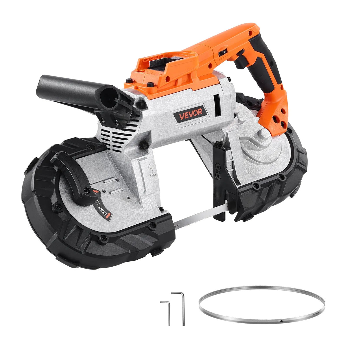 VEVOR portatīvais lentzāģis, griešanas dziļums 127 × 115 mm, 360 W bezsuku motors, kompakts bezvadu portatīvais lentzāģis ar piekāršanas āķiem un regulējamu ātrumu 0–120 m/min, paredzēts metāla un koka griešanai, bez akumulatora un lādētāja