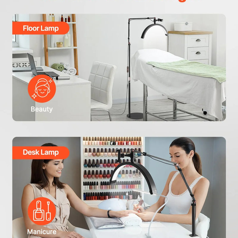 VEVOR pusmēness formas gaisma estētiķiem, 2 vienā LED grīdas un galda lampa skropstu pieaudzēšanai, lokveida skropstu lampa ar tālruņa turētāju un tālvadības pulti, piemērota skaistumkopšanai, ādas kopšanai, uzacu un tetovējumu darbiem