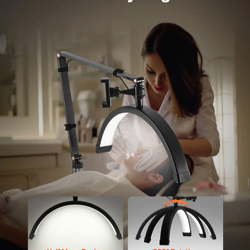 VEVOR pusmēness formas gaisma estētiķiem, 2 vienā LED grīdas un galda lampa skropstu pieaudzēšanai, lokveida skropstu lampa ar tālruņa turētāju un tālvadības pulti, piemērota skaistumkopšanai, ādas kopšanai, uzacu un tetovējumu darbiem