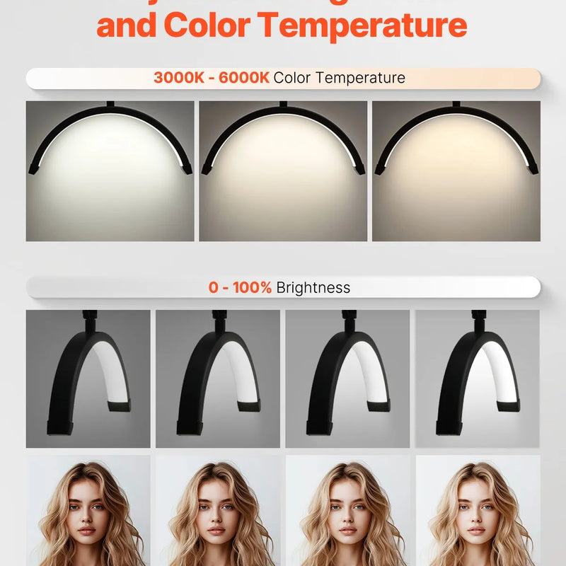 VEVOR pusmēness formas gaisma estētiķiem, 2 vienā LED grīdas un galda lampa skropstu pieaudzēšanai, lokveida skropstu lampa ar tālruņa turētāju un tālvadības pulti, piemērota skaistumkopšanai, ādas kopšanai, uzacu un tetovējumu darbiem