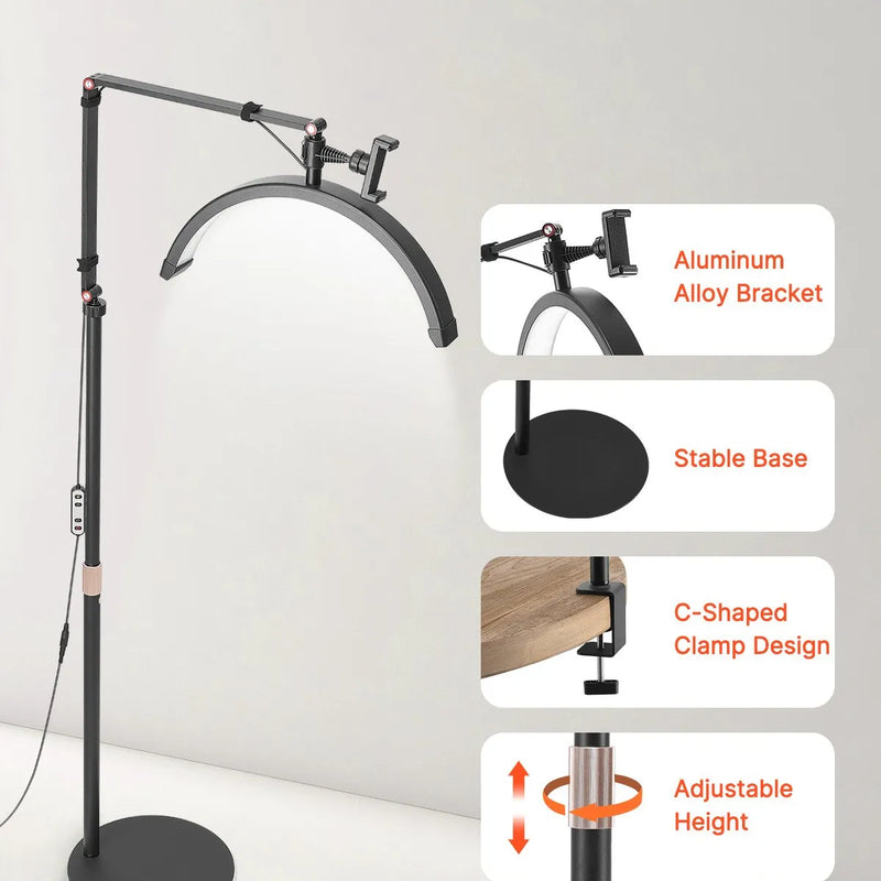 VEVOR pusmēness formas gaisma estētiķiem, 2 vienā LED grīdas un galda lampa skropstu pieaudzēšanai, lokveida skropstu lampa ar tālruņa turētāju un tālvadības pulti, piemērota skaistumkopšanai, ādas kopšanai, uzacu un tetovējumu darbiem