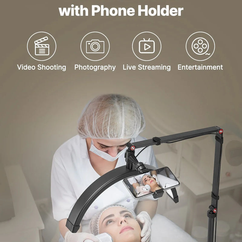 VEVOR pusmēness formas gaisma estētiķiem, 2 vienā LED grīdas un galda lampa skropstu pieaudzēšanai, lokveida skropstu lampa ar tālruņa turētāju un tālvadības pulti, piemērota skaistumkopšanai, ādas kopšanai, uzacu un tetovējumu darbiem