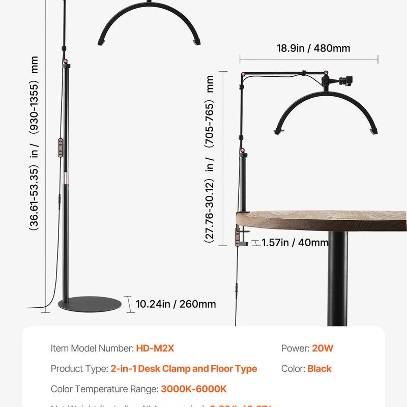 VEVOR pusmēness formas gaisma estētiķiem, 2 vienā LED grīdas un galda lampa skropstu pieaudzēšanai, lokveida skropstu lampa ar tālruņa turētāju un tālvadības pulti, piemērota skaistumkopšanai, ādas kopšanai, uzacu un tetovējumu darbiem
