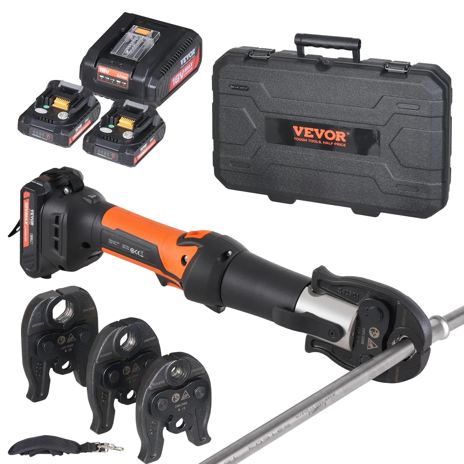Akumulatora cauruļu presēšanas instruments ar 3 presformām V15, V22, V28, 18 V, 4,0 Ah