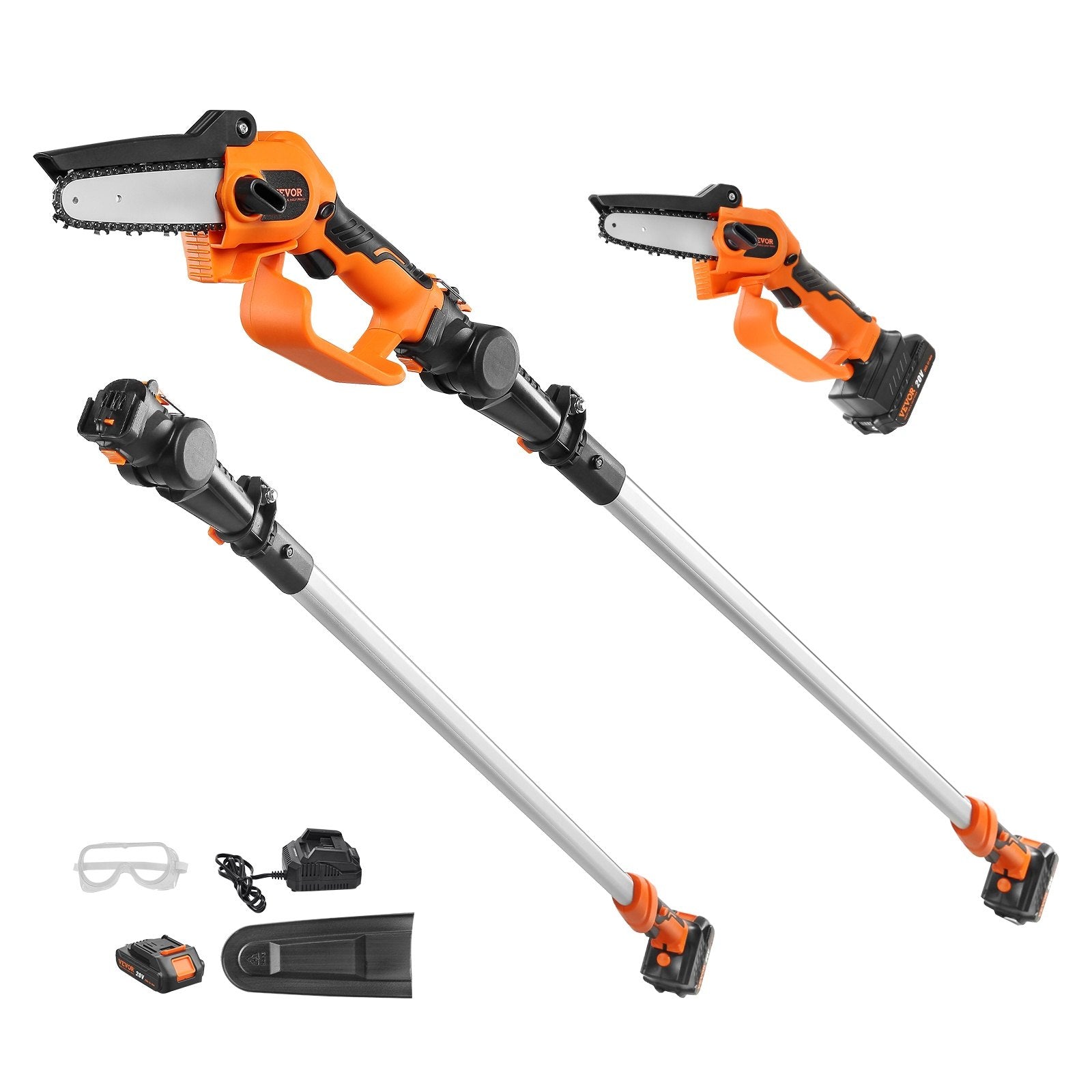 VEVOR 2 vienā bezvadu teleskopiskais zaru zāģis un mini motorzāģis, 20 V 2 Ah akumulators, griešanas garums 13 cm, sasniedzamība līdz 2,4 m (iekļauts akumulators un asmens aizsargs)