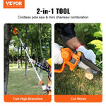 VEVOR 2 vienā bezvadu teleskopiskais zaru zāģis un mini motorzāģis, 20 V 2 Ah akumulators, griešanas garums 13 cm, sasniedzamība līdz 2,4 m (iekļauts akumulators un asmens aizsargs)