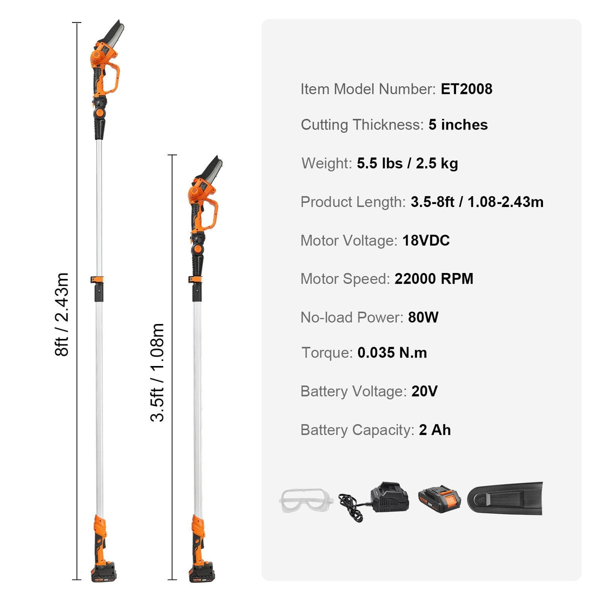VEVOR 2 vienā bezvadu teleskopiskais zaru zāģis un mini motorzāģis, 20 V 2 Ah akumulators, griešanas garums 13 cm, sasniedzamība līdz 2,4 m (iekļauts akumulators un asmens aizsargs)