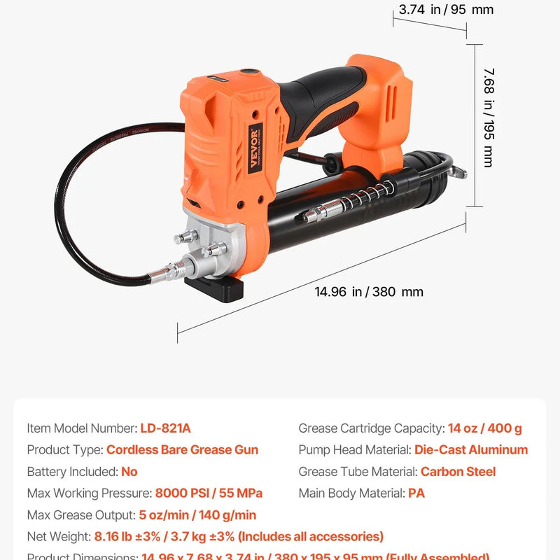 Bezvadu smērvielas pistole, 552 bar, ar LED apgaismojumu un 90 cm šļūteni, saderīga ar 18 V Makita akumulatoriem (akumulators nav iekļauts)