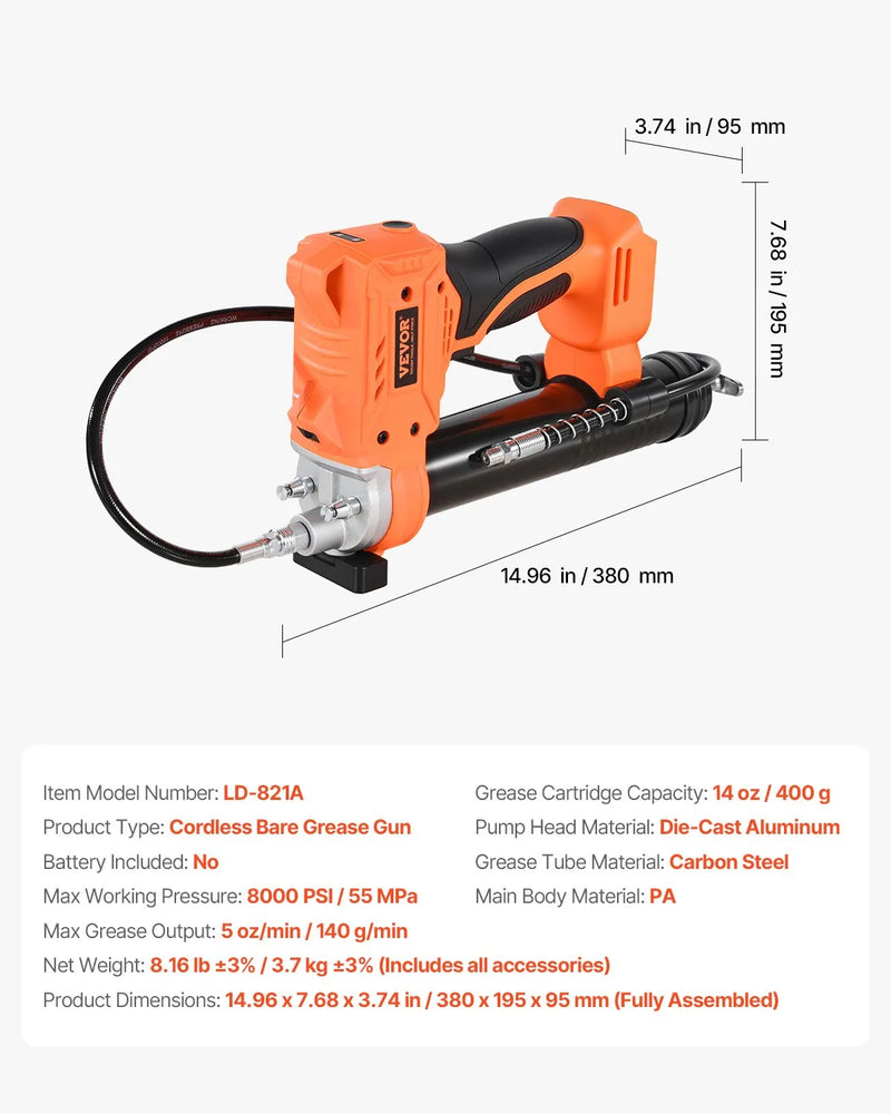 Bezvadu smērvielas pistole, 552 bar, ar LED apgaismojumu un 90 cm šļūteni, saderīga ar 18 V Makita akumulatoriem (akumulators nav iekļauts)