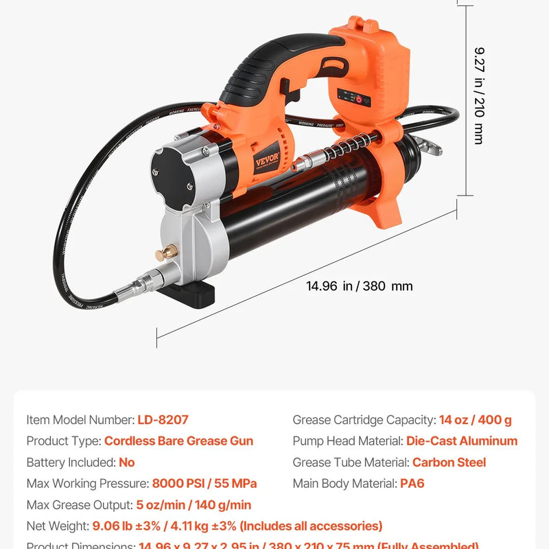 Bezvadu smērvielas pistole 55 MPa maksimālais spiediens, LED apgaismojumus, 900 mm šļūtene, saderīga ar 18 V Makita akumulatoriem (akumulators nav komplektā), piemērota transportlīdzekļu un iekārtu eļļošanai (tikai instruments)
