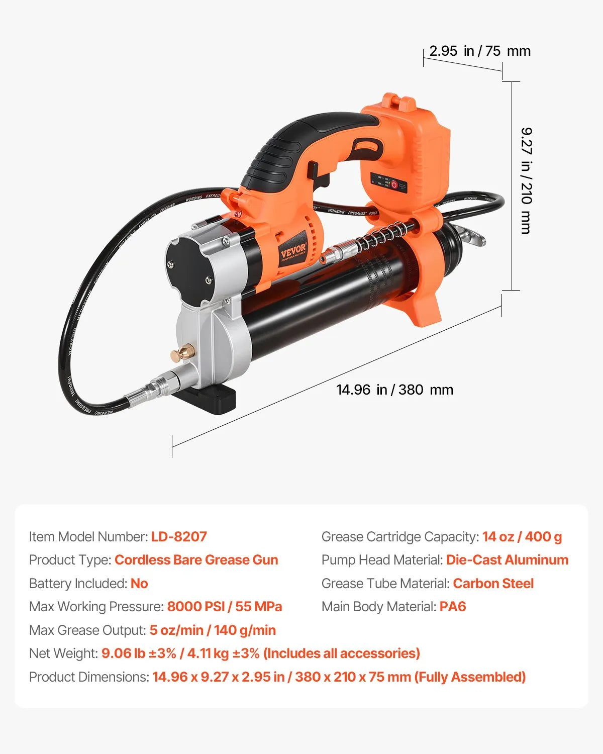 Juhtmeta rasvapüstol 55 MPa maksimaalne rõhk, LED tuled, 900 mm voolik, ühildub 18 V Makita akudega (aku ei kuulu komplekti), sobib sõidukite ja seadmete määrimiseks (ainult tööriist).