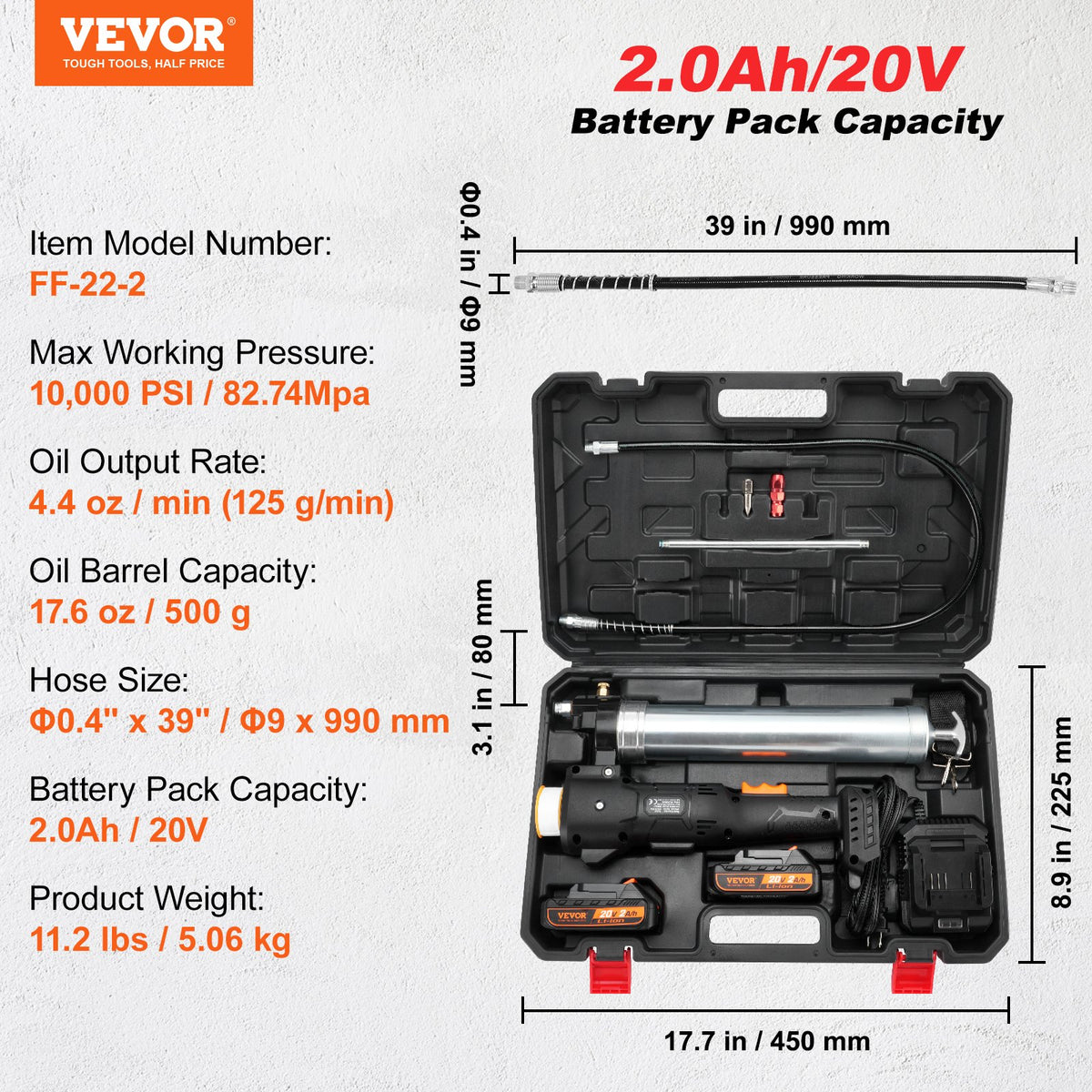 VEVOR juhtmeta rasvapüstol, 20 V, 2,0 Ah akupakett, 10 000 PSI, koos kandekotiga.