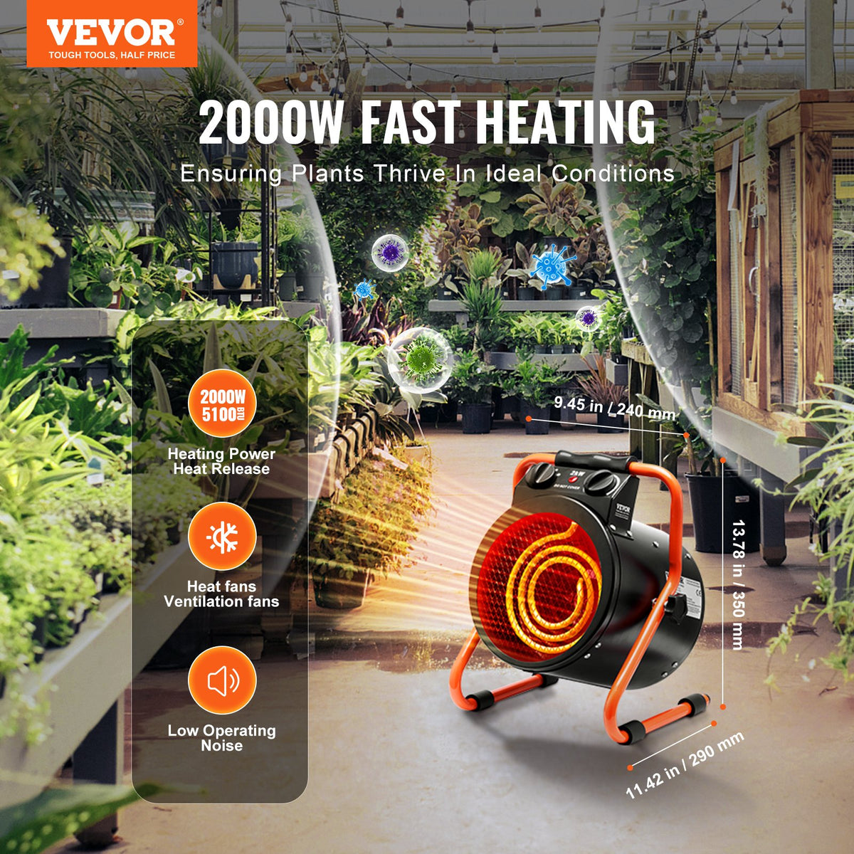VEVOR Greenhouse Heater 2000W with Quick Heating and Overheating Protection, Watertight