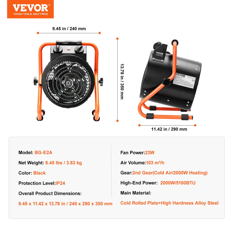 VEVOR kasvuhoone soojendaja 2000W kiirkuumenemise ja ülekuumenemiskaitsega, veekindel