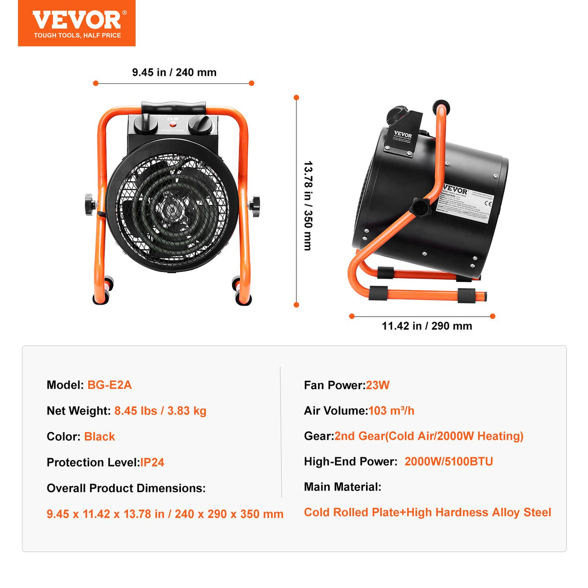 VEVOR Greenhouse Heater 2000W with Quick Heating and Overheating Protection, Watertight