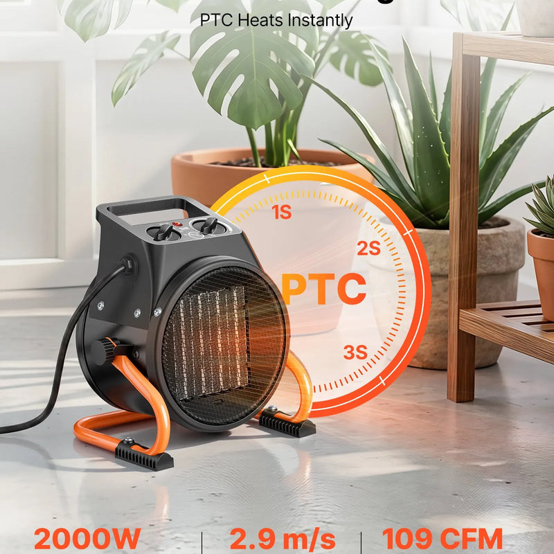 VEVOR  sildītājs, 2000W elektriskais PTC sildītājs ar ventilatoru, zems un augsts sildīšanas režīms, 15° regulējams leņķis, aizsardzība pret pārkaršanu, pārnēsājams, audzēšanas teltīm, mazām siltumnīcām, puķu telpām un mājas birojam