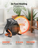 VEVOR Heater, 2000W Electric PTC Heater with Fan, Low and High Heat Settings, 15° adjustable angle, overheat protection, portable, for grow tents, small greenhouses, flower rooms, and home offices