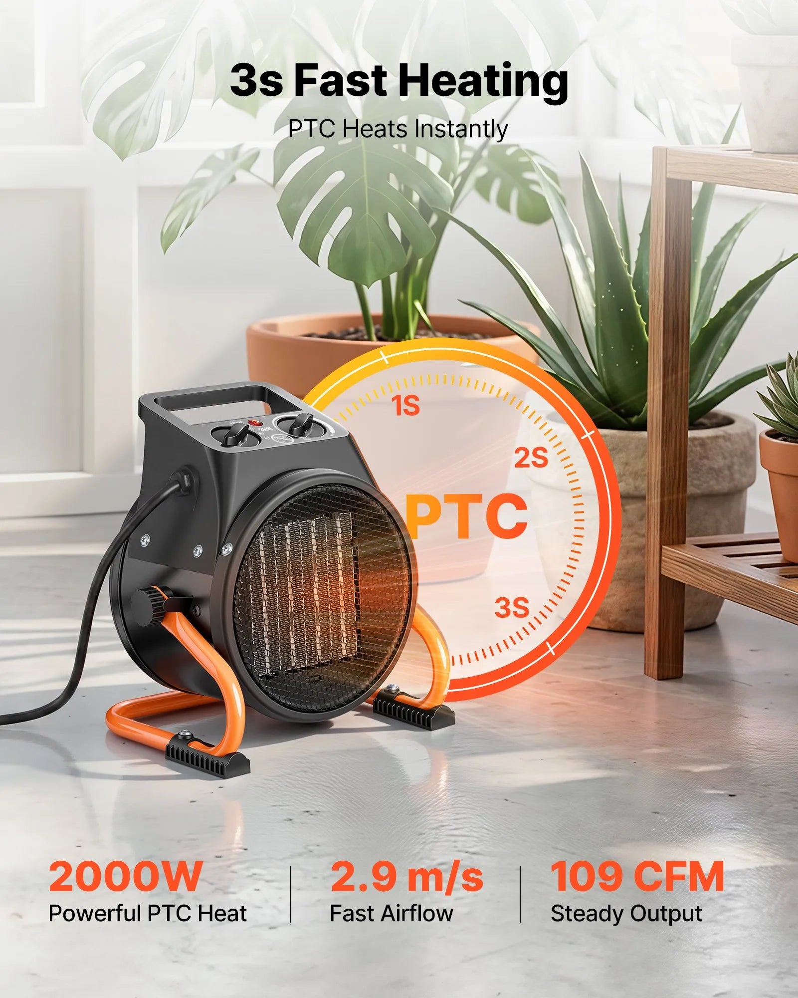 VEVOR Heater, 2000W Electric PTC Heater with Fan, Low and High Heat Settings, 15° adjustable angle, overheat protection, portable, for grow tents, small greenhouses, flower rooms, and home offices