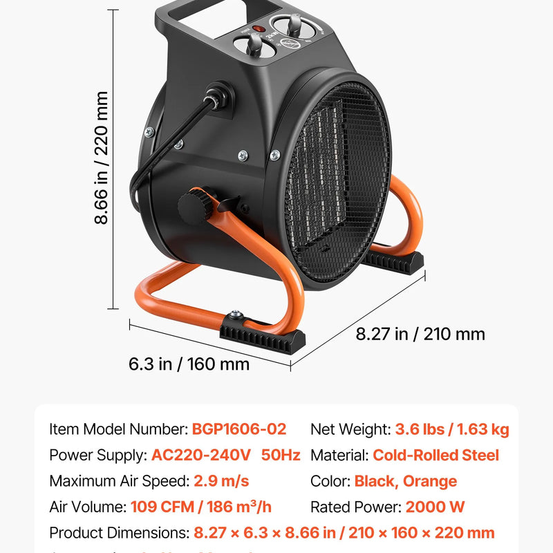 VEVOR  sildītājs, 2000W elektriskais PTC sildītājs ar ventilatoru, zems un augsts sildīšanas režīms, 15° regulējams leņķis, aizsardzība pret pārkaršanu, pārnēsājams, audzēšanas teltīm, mazām siltumnīcām, puķu telpām un mājas birojam