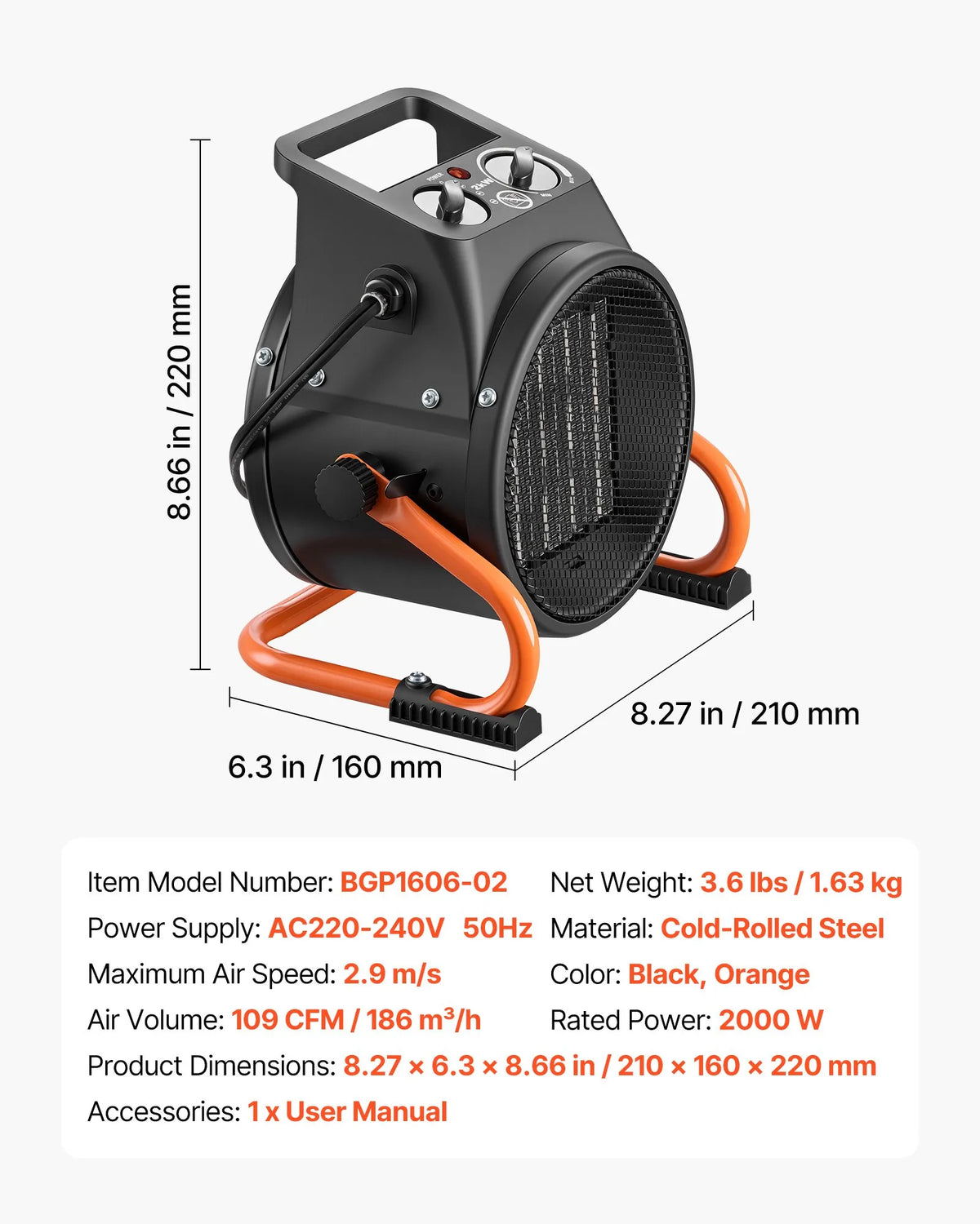 VEVOR Heater, 2000W Electric PTC Heater with Fan, Low and High Heat Settings, 15° adjustable angle, overheat protection, portable, for grow tents, small greenhouses, flower rooms, and home offices