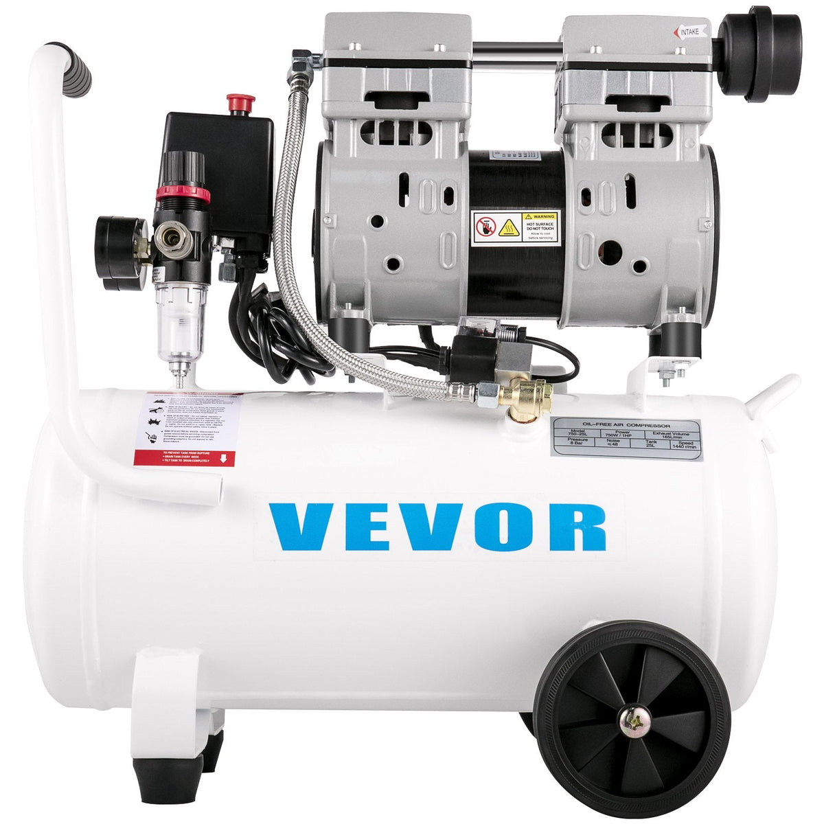 VEVOR gaisa kompresors 21 l, pārnēsājams, 1 HP, bez eļļas, tērauda tvertne, 750 W, plācenīša tipa, 8 bar (115 PSI), īpaši kluss, mājas remontam un riepu piepumpēšanai