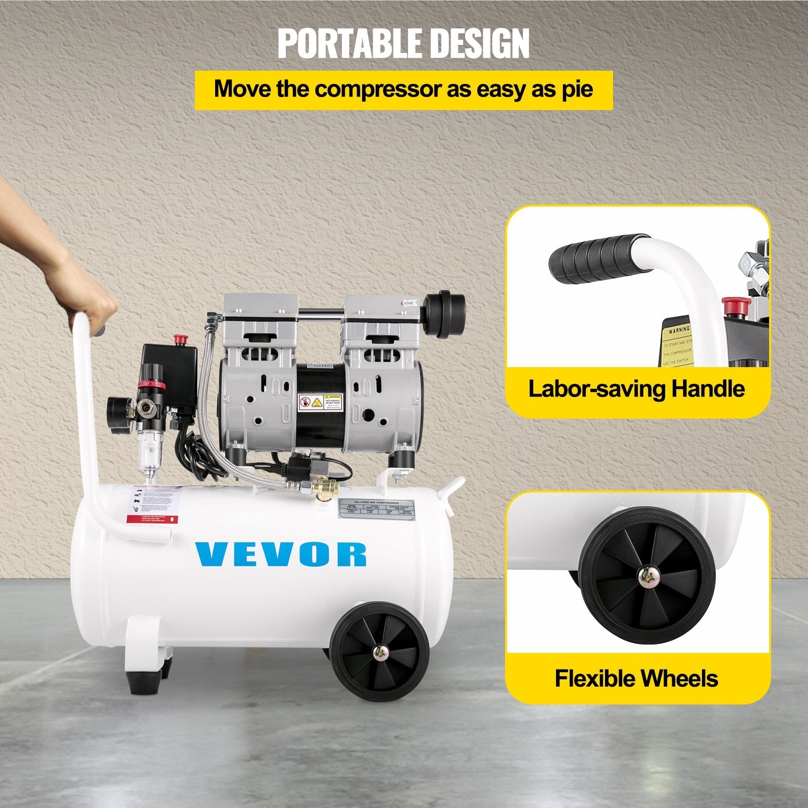 VEVOR gaisa kompresors 21 l, pārnēsājams, 1 HP, bez eļļas, tērauda tvertne, 750 W, plācenīša tipa, 8 bar (115 PSI), īpaši kluss, mājas remontam un riepu piepumpēšanai